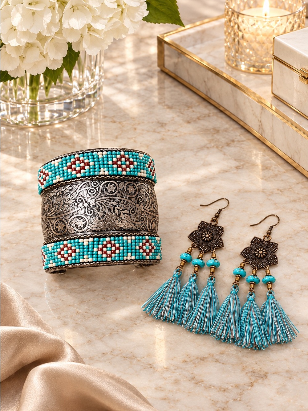 Turquoise Colored Beaded Cuff & Tassel Earrings Set | Boho Western